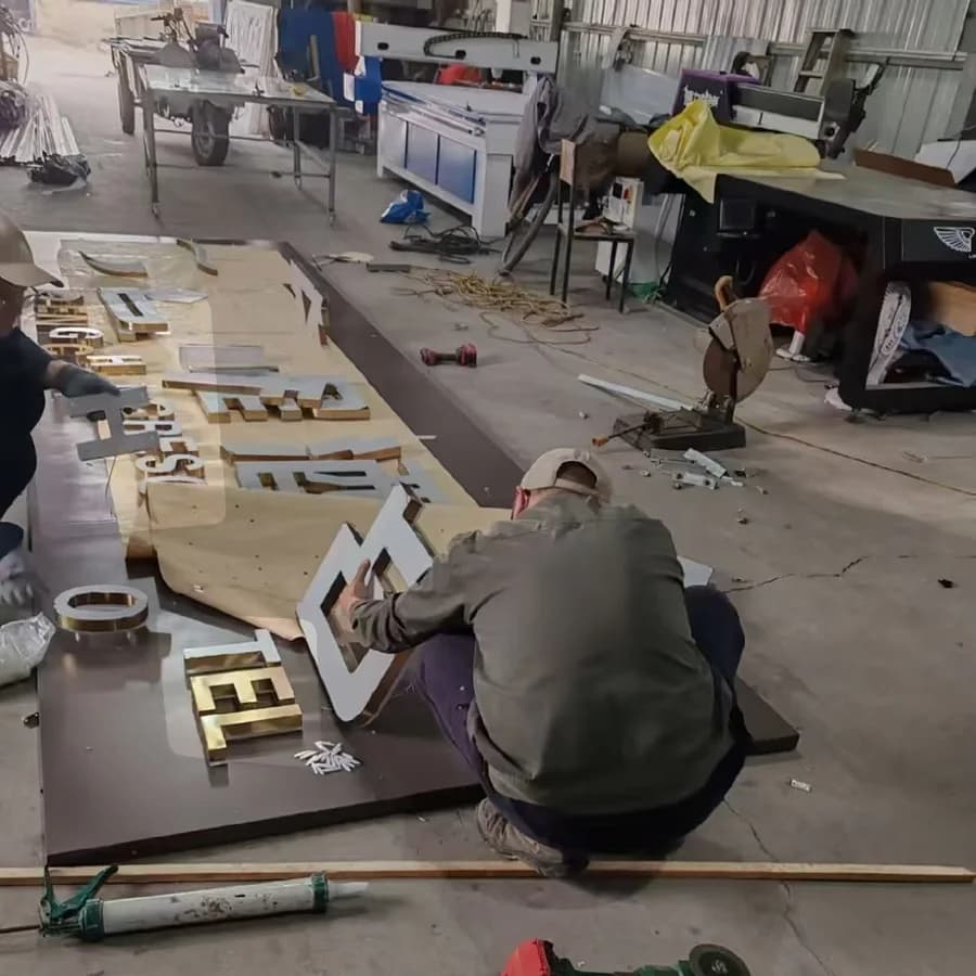 Fabricator assembling dimensional metal-finish letters in a production workshop